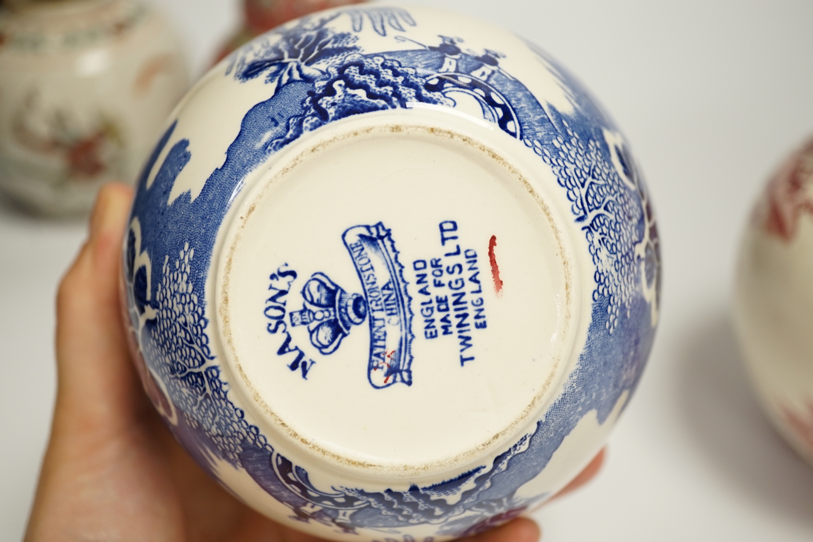 Two Chinese jars, and two Masons ironstone jars, three with covers, tallest 13cm high